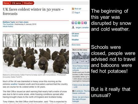 The beginning of this year was disrupted by snow and cold weather. Schools were closed, people were advised not to travel and baboons were fed hot potatoes!