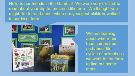 Hello to our friends in the Gambia! We were very excited to read about your trip to the crocodile farm. We thought you might like to read about when our.