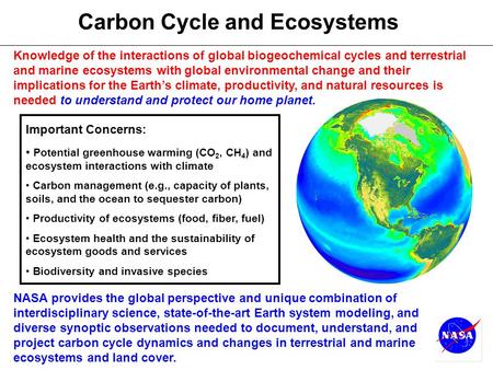 Carbon Cycle and Ecosystems Important Concerns: Potential greenhouse warming (CO 2, CH 4 ) and ecosystem interactions with climate Carbon management (e.g.,