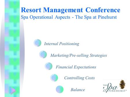 Internal Positioning Marketing/Pre-selling Strategies Financial Expectations Resort Management Conference Spa Operational Aspects - The Spa at Pinehurst.