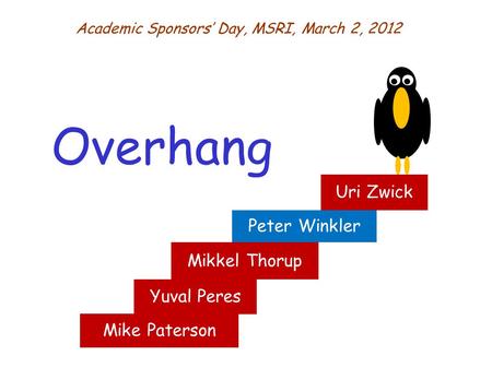 Mike Paterson Overhang Academic Sponsors’ Day, MSRI, March 2, 2012 Peter Winkler Uri Zwick Yuval Peres Mikkel Thorup.