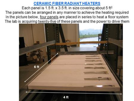 CERAMIC FIBER RADIANT HEATERS Each panel is 1.5 ft. x 3.5 ft. in size covering about 5 ft 2 The panels can be arranged in any manner to achieve the heating.