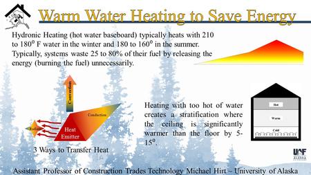 Assistant Professor of Construction Trades Technology Michael Hirt ~ University of Alaska Fairbanks 3 Ways to Transfer Heat Hydronic Heating (hot water.
