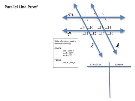 Parallel Line Proof. Parallel Line Proof The idea behind a proof is that you begin with information that is given to you as part of the problem and you.