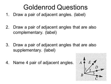 Goldenrod Questions 1.Draw a pair of adjacent angles. (label) 2.Draw a pair of adjacent angles that are also complementary. (label) 3.Draw a pair of adjacent.