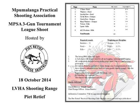 Mpumalanga Practical Shooting Association MPSA 3-Gun Tournament League Shoot Hosted by 18 October 2014 LVHA Shooting Range Piet Retief 1.The latest IPSC.