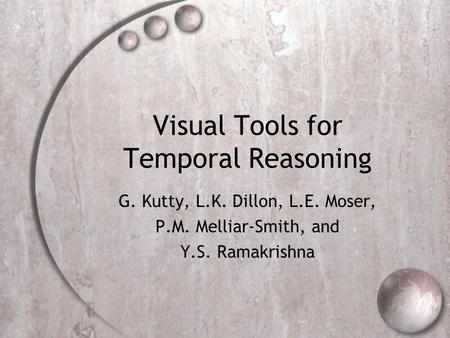 Visual Tools for Temporal Reasoning G. Kutty, L.K. Dillon, L.E. Moser, P.M. Melliar-Smith, and Y.S. Ramakrishna.