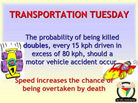 Transportation Tuesday TRANSPORTATION TUESDAY The probability of being killed doubles, every 15 kph driven in excess of 80 kph, should a motor vehicle.