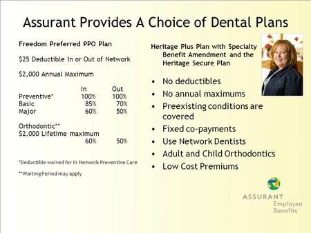 Assurant Provides A Choice of Dental Plans Freedom Preferred PPO Plan $25 Deductible In or Out of Network $2,000 Annual Maximum InOut Preventive*100%100%
