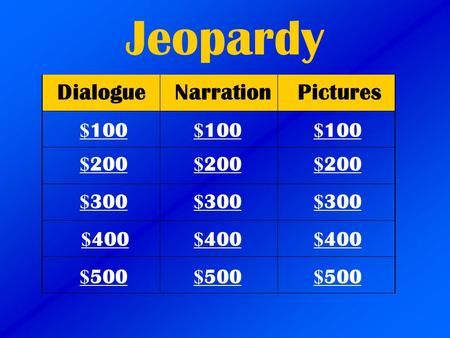 Jeopardy DialogueNarrationPictures $ 100 $ 200 $ 300 $ 400 $ 500 $ 100 $ 100 $ 200 $ 200 $ 300 $ 300 $ 400 $ 400 $ 500 $ 500.