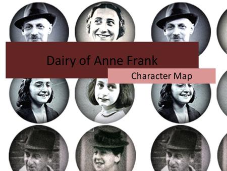 Dairy of Anne Frank Character Map. Dussel Mrs. Vann Daan Mr. Vann Daan Mrs. Frank Mr. Frank Margot Dussel Peter Anne Miep Krugler.
