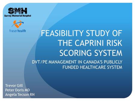 FEASIBILITY STUDY OF THE CAPRINI RISK SCORING SYSTEM DVT/PE MANAGEMENT IN CANADA'S PUBLICLY FUNDED HEALTHCARE SYSTEM Trevor Gill Peter Doris MD Angela.