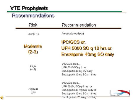 RecommendationsRecommendations Risk Recommendation Ambulation (all pts) IPC/GCS or, UFH 5000 SQ q 12 hrs or, Enoxaparin 40mg SQ daily IPC/GCS or, UFH 5000.