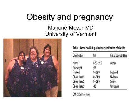 Obesity and pregnancy Marjorie Meyer MD University of Vermont.