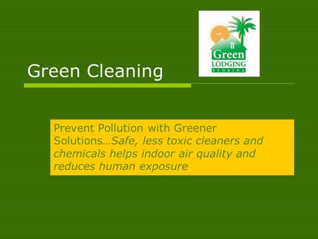 Green Cleaning Prevent Pollution with Greener Solutions…Safe, less toxic cleaners and chemicals helps indoor air quality and reduces human exposure.