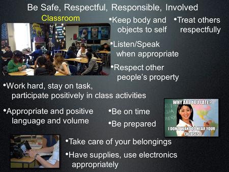 Be Safe, Respectful, Responsible, Involved Keep body and objects to self Listen/Speak when appropriate Treat others respectfully Respect other people’s.