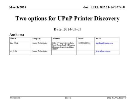 Doc.: IEEE 802.11-14/0374r0 Submission March 2014 Ping FANG, HuaweiSlide 1 Two options for UPnP Printer Discovery Date: 2014-03-03 Authors:
