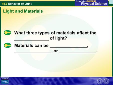 Light and Materials What three types of materials affect the ______________ of light? Materials can be _______________, _______________, or _______________.