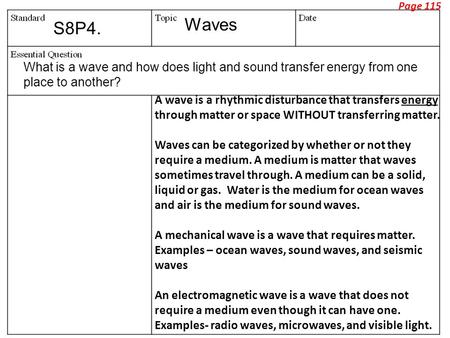 Page 115 Waves S8P4. What is a wave and how does light and sound transfer energy from one place to another? A wave is a rhythmic disturbance that transfers.