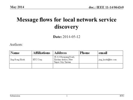 Submission doc.: IEEE 11-14/0643r0 Message flows for local network service discovery Date: 2014-05-12 Authors: May 2014 HTC1.