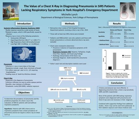 The Value of a Chest X-Ray in Diagnosing Pneumonia in SIRS Patients Lacking Respiratory Symptoms in York Hospital’s Emergency Department Michelle Lynch.