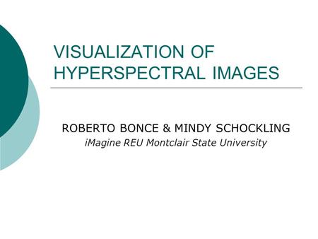 VISUALIZATION OF HYPERSPECTRAL IMAGES ROBERTO BONCE & MINDY SCHOCKLING iMagine REU Montclair State University.