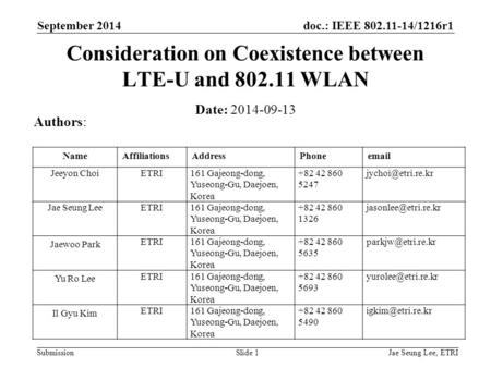 Doc.: IEEE 802.11-14/1216r1 SubmissionJae Seung Lee, ETRISlide 1 Consideration on Coexistence between LTE-U and 802.11 WLAN Date: 2014-09-13 September.