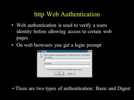 Http Web Authentication Web authentication is used to verify a users identity before allowing access to certain web pages On web browsers you get a login.