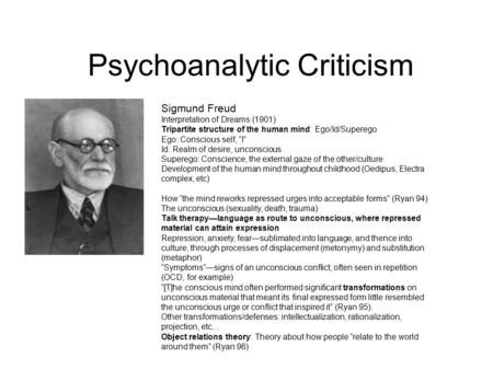 Psychoanalytic Criticism Sigmund Freud Interpretation of Dreams (1901) Tripartite structure of the human mind: Ego/Id/Superego Ego: Conscious self, “I”