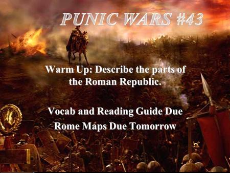 Warm Up: Describe the parts of the Roman Republic. Vocab and Reading Guide Due Rome Maps Due Tomorrow.