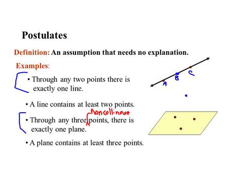 Postulates Definition: An assumption that needs no explanation. Examples: Through any two points there is exactly one line. Through any three points, there.