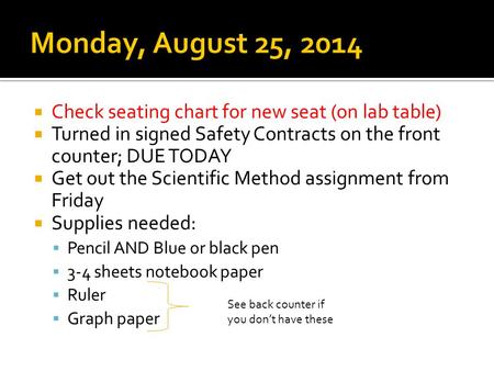  Check seating chart for new seat (on lab table)  Turned in signed Safety Contracts on the front counter; DUE TODAY  Get out the Scientific Method assignment.