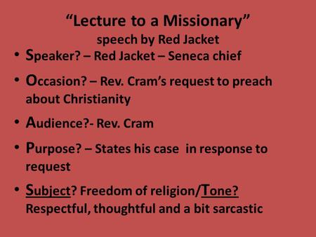 “Lecture to a Missionary” speech by Red Jacket