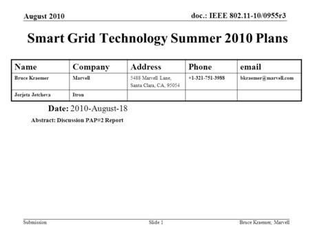 Doc.: IEEE 802.11-10/0955r3 Submission August 2010 Bruce Kraemer, MarvellSlide 1 Smart Grid Technology Summer 2010 Plans Date: 2010-August-18 Abstract: