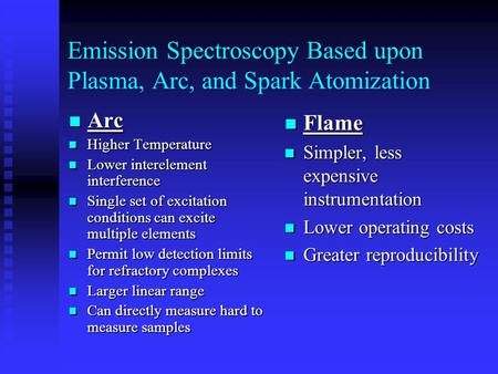 Emission Spectroscopy Based upon Plasma, Arc, and Spark Atomization Arc Arc Higher Temperature Higher Temperature Lower interelement interference Lower.