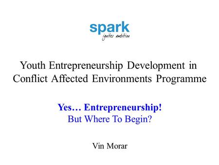 Youth Entrepreneurship Development in Conflict Affected Environments Programme Yes… Entrepreneurship! But Where To Begin? Vin Morar.
