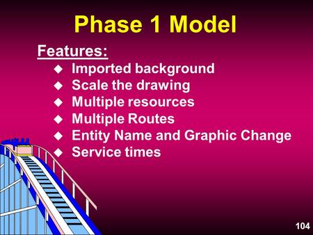 104 Phase 1 Model Features: u Imported background u Scale the drawing u Multiple resources u Multiple Routes u Entity Name and Graphic Change u Service.
