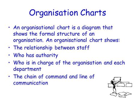 Organisation Charts An organisational chart is a diagram that shows the formal structure of an organisation. An organisational chart shows: The relationship.