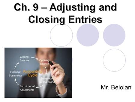 Mr. Belolan. Objectives 1. Explain the purpose of adjusting and closing entries by journalizing and posting several transactions 2. Using the completed.