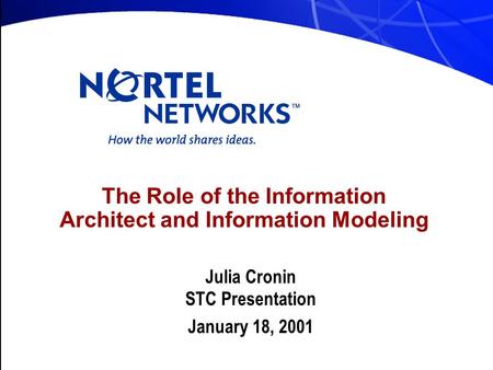 The Role of the Information Architect and Information Modeling Julia Cronin STC Presentation January 18, 2001.
