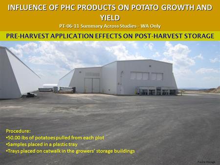 INFLUENCE OF PHC PRODUCTS ON POTATO GROWTH AND YIELD PT-06-11 Summary Across Studies - WA Only PRE-HARVEST APPLICATION EFFECTS ON POST-HARVEST STORAGE.