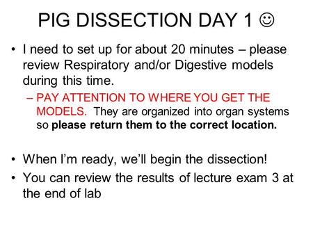 PIG DISSECTION DAY 1  I need to set up for about 20 minutes – please review Respiratory and/or Digestive models during this time. PAY ATTENTION TO WHERE.