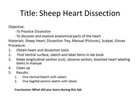 Title: Sheep Heart Dissection Objective: -To Practice Dissection -To discover and explore anatomical parts of the heart Materials: Sheep Heart, Dissection.