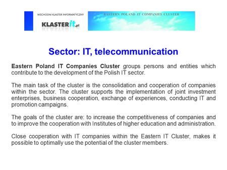 Sector: IT, telecommunication Eastern Poland IT Companies Cluster groups persons and entities which contribute to the development of the Polish IT sector.