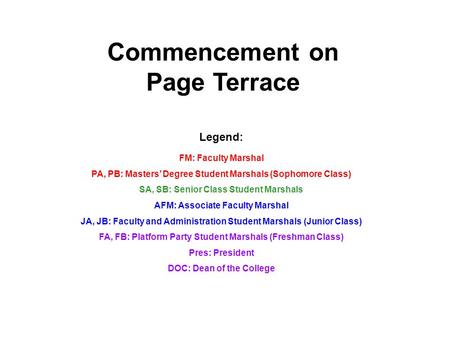 Commencement on Page Terrace Legend: FM: Faculty Marshal PA, PB: Masters’ Degree Student Marshals (Sophomore Class) SA, SB: Senior Class Student Marshals.