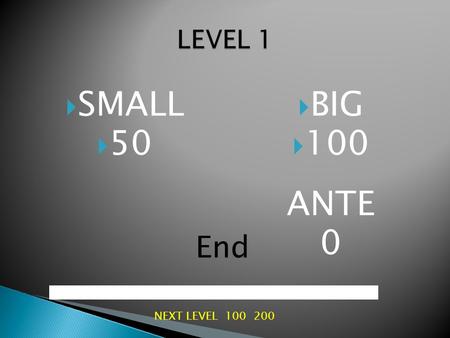  SMALL  50  BIG  100 ANTE 0 End NEXT LEVEL 100 200.