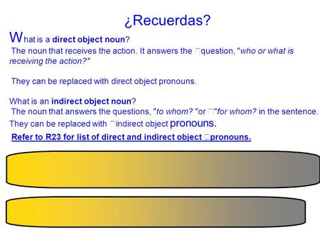 ¿Recuerdas? W hat is a direct object noun? The noun that receives the action. It answers the question, who or what is receiving the action? They can.