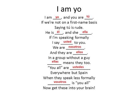 I am yo I am ____, and you are ____. If we’re not on a first-name basis Saying tú is rude. He is ____, and she ______. If I’m speaking formally I say ______.