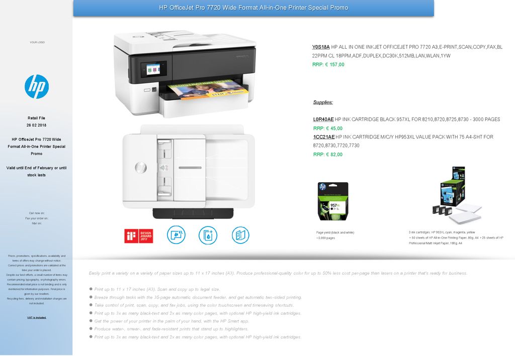 HP OfficeJet Pro 7720 A3 Colour Inkjet Printer with A4 Scan Y0S18A