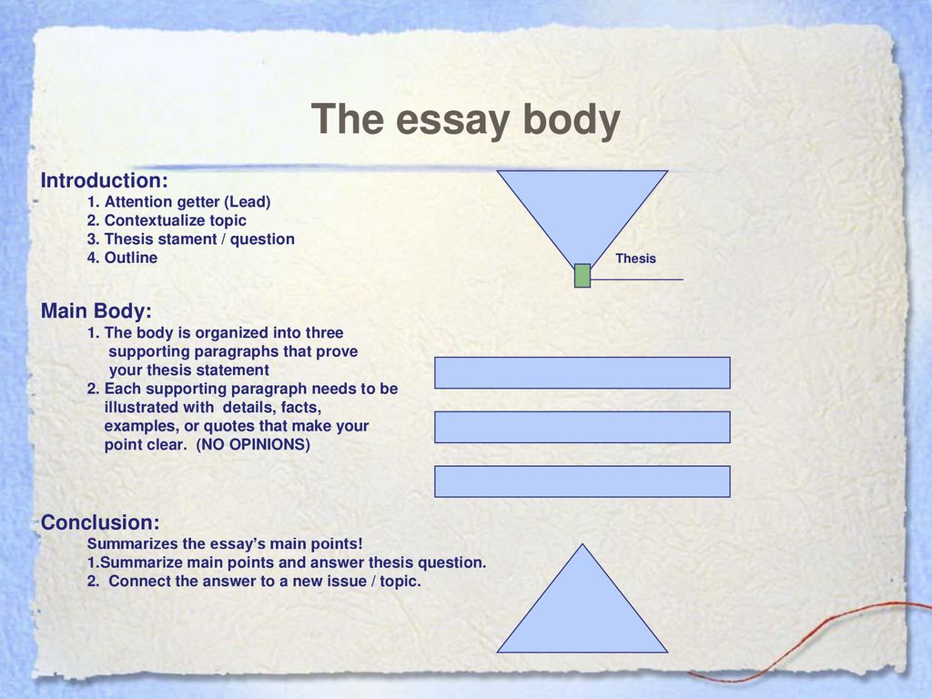 The essay body Introduction: Main Body: Conclusion: - ppt download